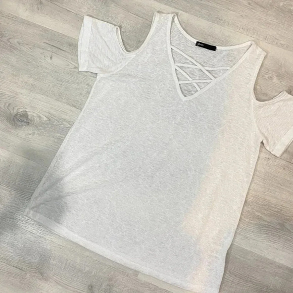 Gibson Sheer Cold-Shoulder Snow White Knit Tank Top Size M - Picture 14 of 16